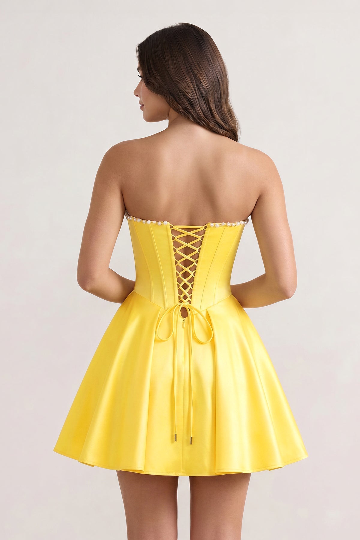 Yellow Strapless A-Line Satin Corset Homecoming Dress With Pearl