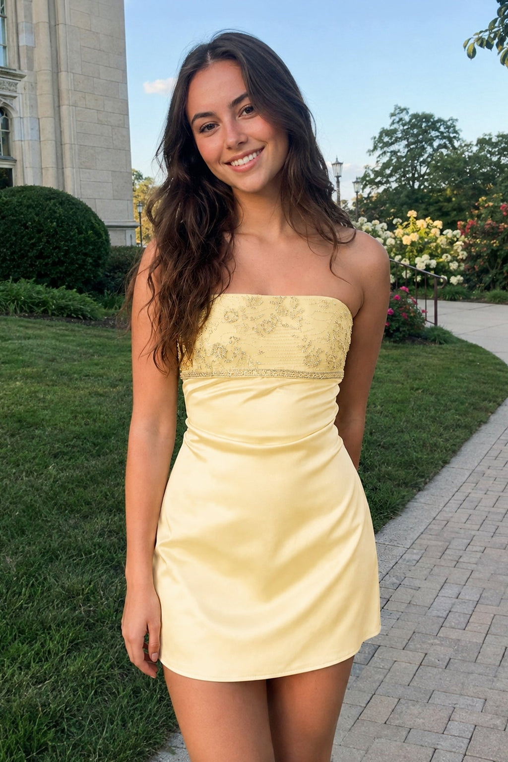Aqua Strapless Appliqued Satin Sheath Homecoming Dress