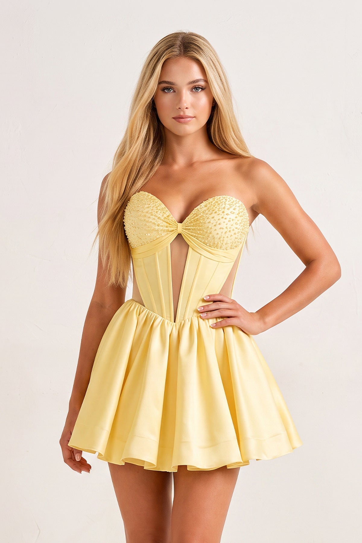 Yellow Sweetheart Cut-Out Satin A-Line Corset Homecoming Dress