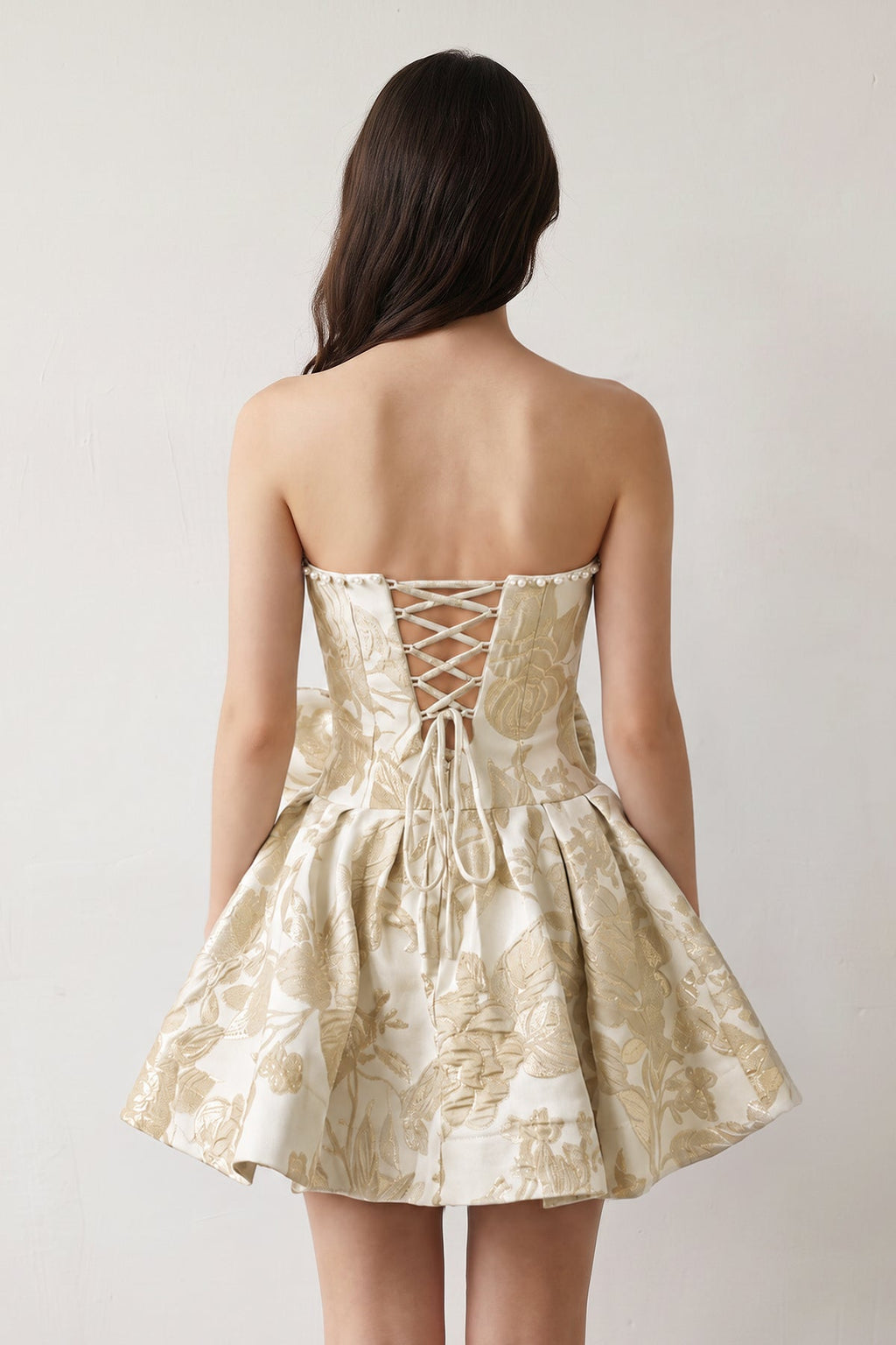 Blue Flower Jacquard Strapless A-Line Bowknot Homecoming Dress With Pearl
